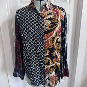 Hannah Black Mixed-Pattern Button-Down Shirt with Gold & Burgundy Paisley